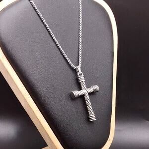 Silver Box Chain Necklace With Silver Twist Cross Men's Birthday Statement Gift